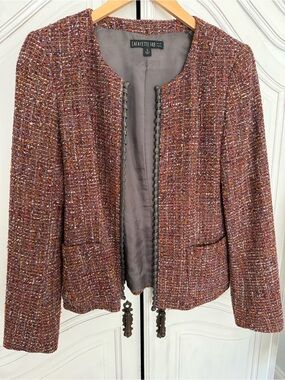 Lafayette 148 New York Leather Trim Tweed Blazer Jacket | Women’s Size 6 Autumn‎